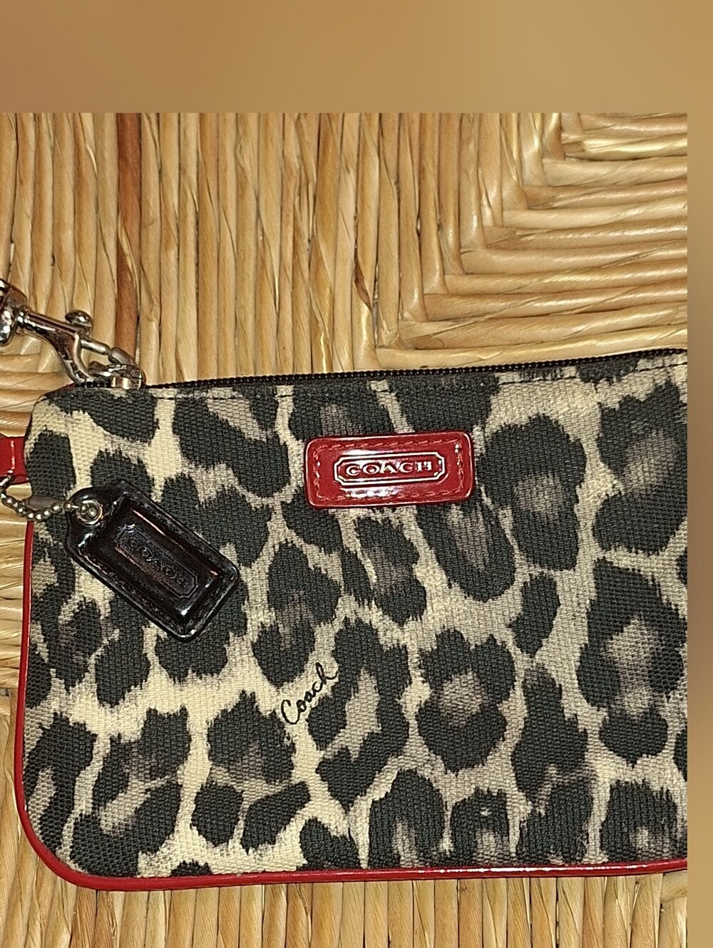Coach Leopard-Print Canvas Wristlet with Red Trim